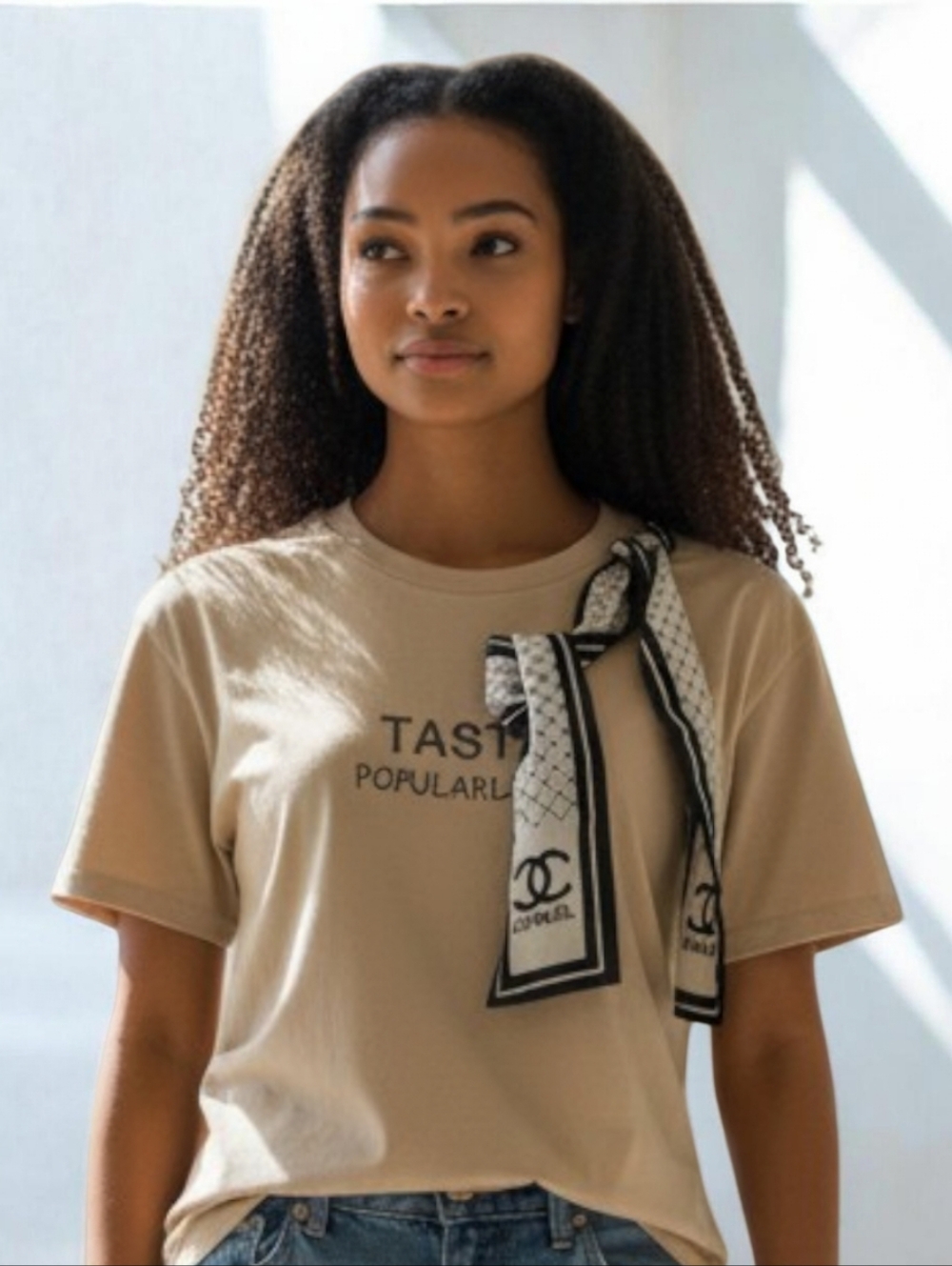 TASTE POPULARLOGO Chanel Decor (MED) Beige Graphic Tie-Accent Tee/Scarf